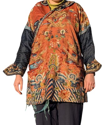 Lot 50 - 19TH CENTURY QING DYNASTY CHILD'S SILK EMBROIDERED ROBE 清 十九世纪杏地龙纹童服