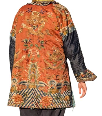 Lot 50 - 19TH CENTURY QING DYNASTY CHILD'S SILK EMBROIDERED ROBE 清 十九世纪杏地龙纹童服