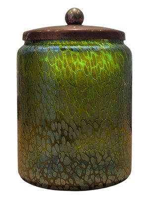 Lot 198 - 19TH CENTURY LOETZ IRIDESCENT LIDDED PRESERVE POT IN GREEN / BLUE