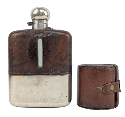 Lot 131 - EARLY 20TH CENTURY SILVER & LEATHER HIP FLASK & CROSS LONDON HUNTING BEAKERS