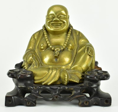 Lot 39 - QING / REPUBLIC PERIOD BRONZE FIGURE OF LAUGHING BUDDHA 晚清民国 铜笑佛坐像带座