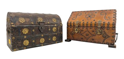 Lot 142 - VINTAGE EARLY 20TH CENTURY LEATHER & STUDDED CASKET & ANOTHER