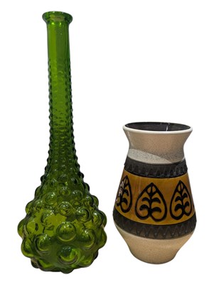Lot 446 - 20TH CENTURY WEST GERMAN CERAMIC VASE WITH AN ITALIAN EMPOLI STYLE GLASS GENIE BOTTLE