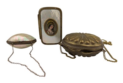 Lot 143 - 19TH CENTURY MOTHER OF PEARL CASE & PURSE T/W BRASS PURSE