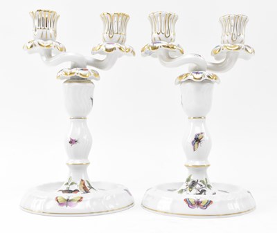 Lot 80 - HEREND, HUNGARY - ROTHSCHILD BIRD PAIR OF PORCELAIN CANDELABRA