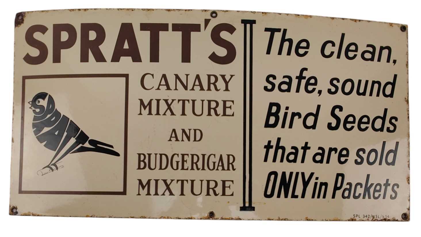 Lot 30 - SPRATT'S CANARY MIXTURE ENAMEL ADVERTISING SIGN