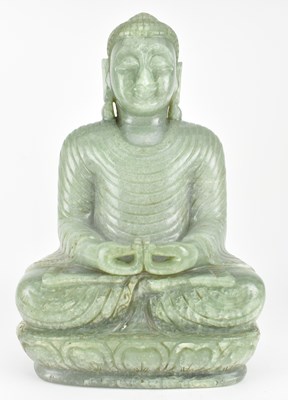 Lot 99 - LARGE CELADON JADE FIGURE OF SEATED BUDDHA 玉雕佛坐像