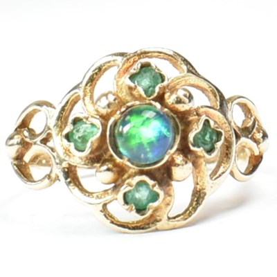 Lot 278 - HALLMARKED 9CT GOLD & AMMOLITE DOUBLET & EMERALD RING