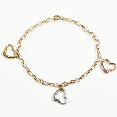 Lot 290 - HALLMARKED 9CT GOLD HEART CHARM BRACELET