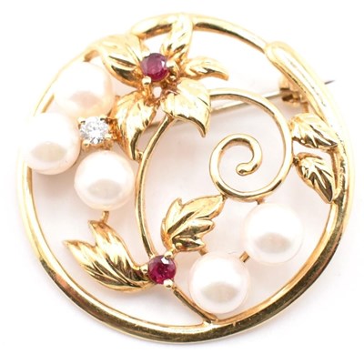 Lot 341 - 18CT GOLD CULTURED PEARL & DIAMOND & RUBY BROOCH PIN