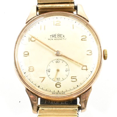 Lot 337 - HALLMARKED 9CT GOLD TREBEX WRISTWATCH ON ROLLED GOLD STRAP