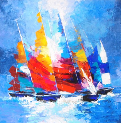 Lot 114 - CORTES (B. 1963) - SAILING BOAT - OIL ON CANVAS