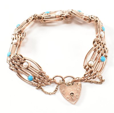 Lot 343 - HALLMARKED 9CT ROSE GOLD PEARL & TURQUOISE GATE LINK BRACELET