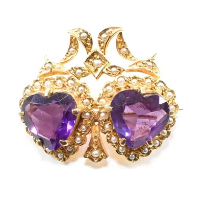 Lot 347 - HALLMARKED 9CT GOLD TWIN HEART AMETHYST & PEARL BROOCH PIN