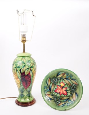 Lot 81 - MOORCROFT POTTERY - TWO ' RAINFOREST ' DESIGN CERAMIC LAMP & PLATE