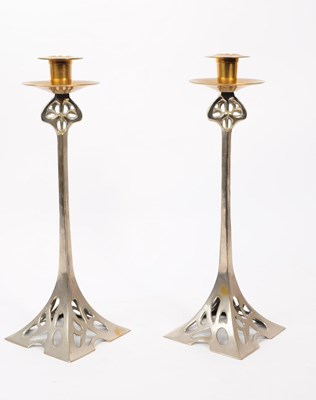 Lot 289 - PAIR OF VINTAGE 20TH CENTURY METAL ART NOUVEAU CANDLE STICKS