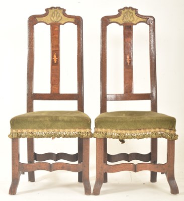 Lot 461 - PAIR OF 19TH CENTURY OAK & WALNUT METAL INLAID HIGH BACK HALL CHAIRS