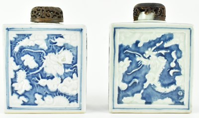 Lot 89 - TWO QING DYNASTY BLUE AND WHITE TEA CADDY 清 青花浮雕茶叶罐两个