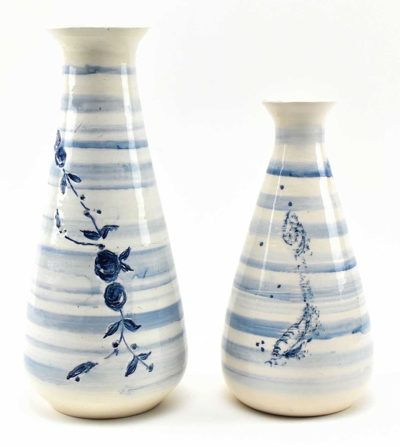 Lot 202 - KEN BLEZAD - TWO KAY POTTERY CORNWALL BLUE AND WHITE VASES