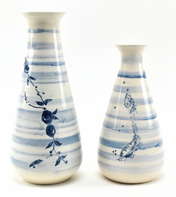 Lot 202 - KEN BLEZAD - TWO KAY POTTERY CORNWALL BLUE AND WHITE VASES