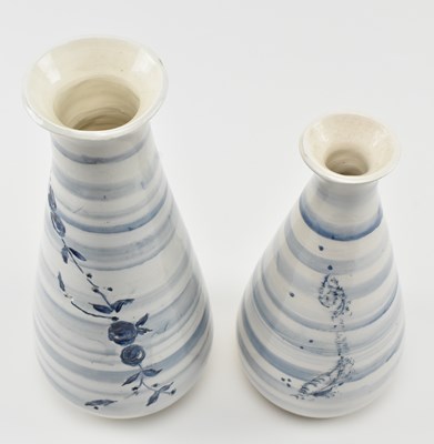 Lot 202 - KEN BLEZAD - TWO KAY POTTERY CORNWALL BLUE AND WHITE VASES
