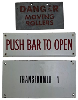 Lot 215 - THREE MID CENTURY INDUSTRIAL FACTORY SIGNS, TWO ENAMEL