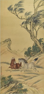 Lot 213 - AFTER JIAO BINGZHEN (1689-1726) - HORSES 清 焦秉贞款 柳荫骏马