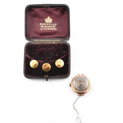 Lot 380 - THREE 15CT GOLD BUTTON STUDS & 9CT GOLD WATCH