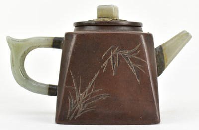 Lot 158 - QING JADE & PEWTER INLAID ZISHA TEAPOT 清 杨彭年造款镶玉锡包紫砂壶