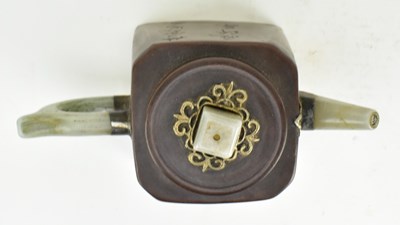 Lot 158 - QING JADE & PEWTER INLAID ZISHA TEAPOT 清 杨彭年造款镶玉锡包紫砂壶
