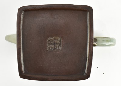 Lot 158 - QING JADE & PEWTER INLAID ZISHA TEAPOT 清 杨彭年造款镶玉锡包紫砂壶