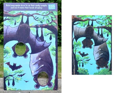 Lot 73 - FORMER BRISTOL ZOO GARDENS - HANGING BATS 'FACE IN THE HOLE' SIGN & ORIGINAL ARTWORK