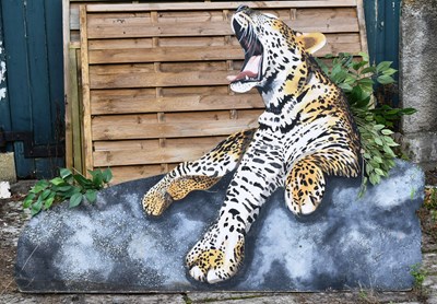 Lot 232 - FORMER BRISTOL ZOO GARDENS - WOODEN LEOPARD WITH FOLIAGE DISPLAY