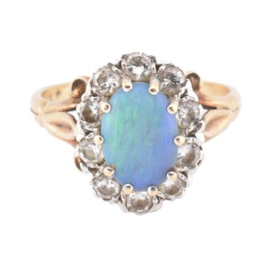 Lot 166 - HALLMARKED 9CT GOLD OPAL & DIAMOND CLUSTER RING