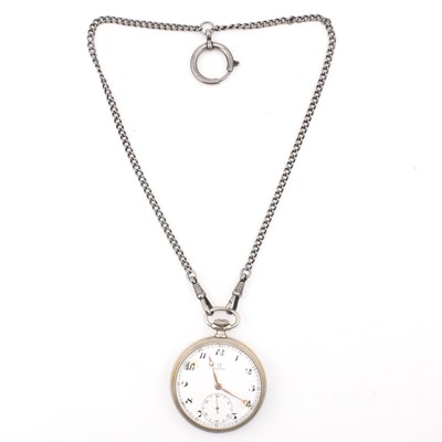 Lot 391 - OMEGA POCKET WATCH ON WHITE TONE METAL CHAIN