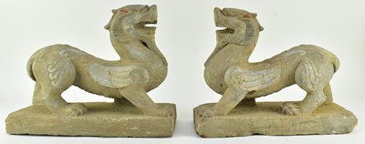 Lot 123 - LARGE PAIR OF GREY STONE FIGURES OF PIXIU 彩绘青石貔貅一对