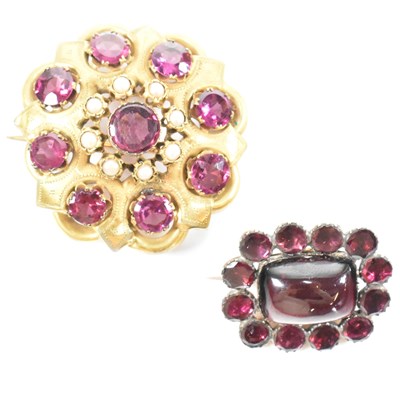 Lot 395 - TWO 19TH CENTURY GOLD & GARNET BROOCH PINS