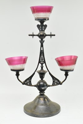 Lot 32 - ART NOUVEAU SILVER PLATE & CRANBERRY GLASS CENTREPIECE EPERGNE