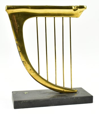 Lot 32 - 20TH CENTURY BRASS & SLATE HARP SHAPED HANNUKAH MENORAH CANDLE HOLDER