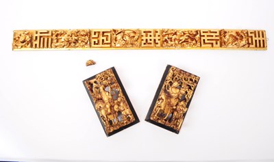 Lot 334 - THREE EARLY 20TH CENTURY HAND CARVED GILT CHINESE WOODEN PANELS