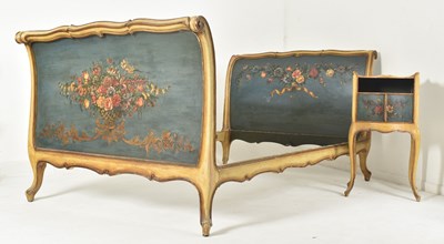 Lot 572 - FRENCH EARLY 20TH CENTURY HAND PAINTED DOUBLE BED FRAME WITH BEDSIDE