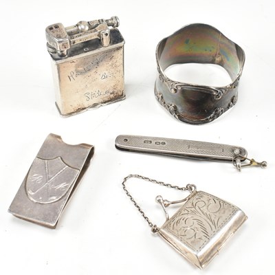 Lot 152 - COLLECTION OF HALLMARKED / 925 SILVER - LIGHTER / STAMP CASE / NAPKIN RING / FRUIT KNIFE