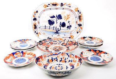 Lot 160 - LATE 19TH CENTURY IMARI STYLE DISH PLATES AND PLATTER