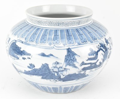 Lot 126 - BLUE AND WHITE LANDSCAPE FLORAL JAR 青花山水花卉大罐