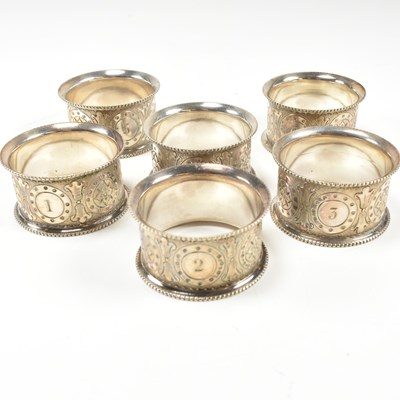 Lot 151 - VICTORIAN 19TH CENTURY CASED SET OF 6 SILVER PLATED NAPKIN RINGS