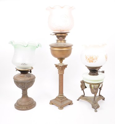 Lot 374 - THREE VICTORIAN OIL LAMPS & SHADES