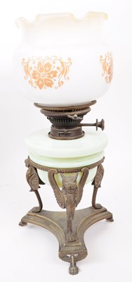 Lot 374 - THREE VICTORIAN OIL LAMPS & SHADES