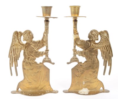 Lot 381 - PAIR VINTAGE BRASS ANGEL CANDLESTICKS