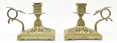 Lot 139 - PAIR OF 19TH CENTURY GOTHIC STYLE FRENCH BRASS CHAMBERSTICKS