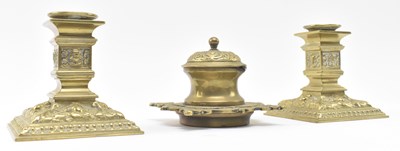 Lot 121 - PAIR OF LATE 19TH CENTURY BRASS CANDLESTICKS & INKWELL